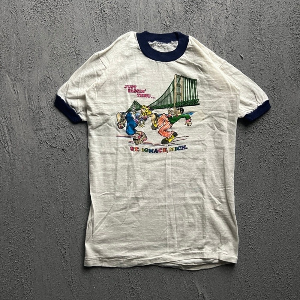 Fruit of the Loom White Ringer T-Shirt with Navy Trim and Multicolor Graphic